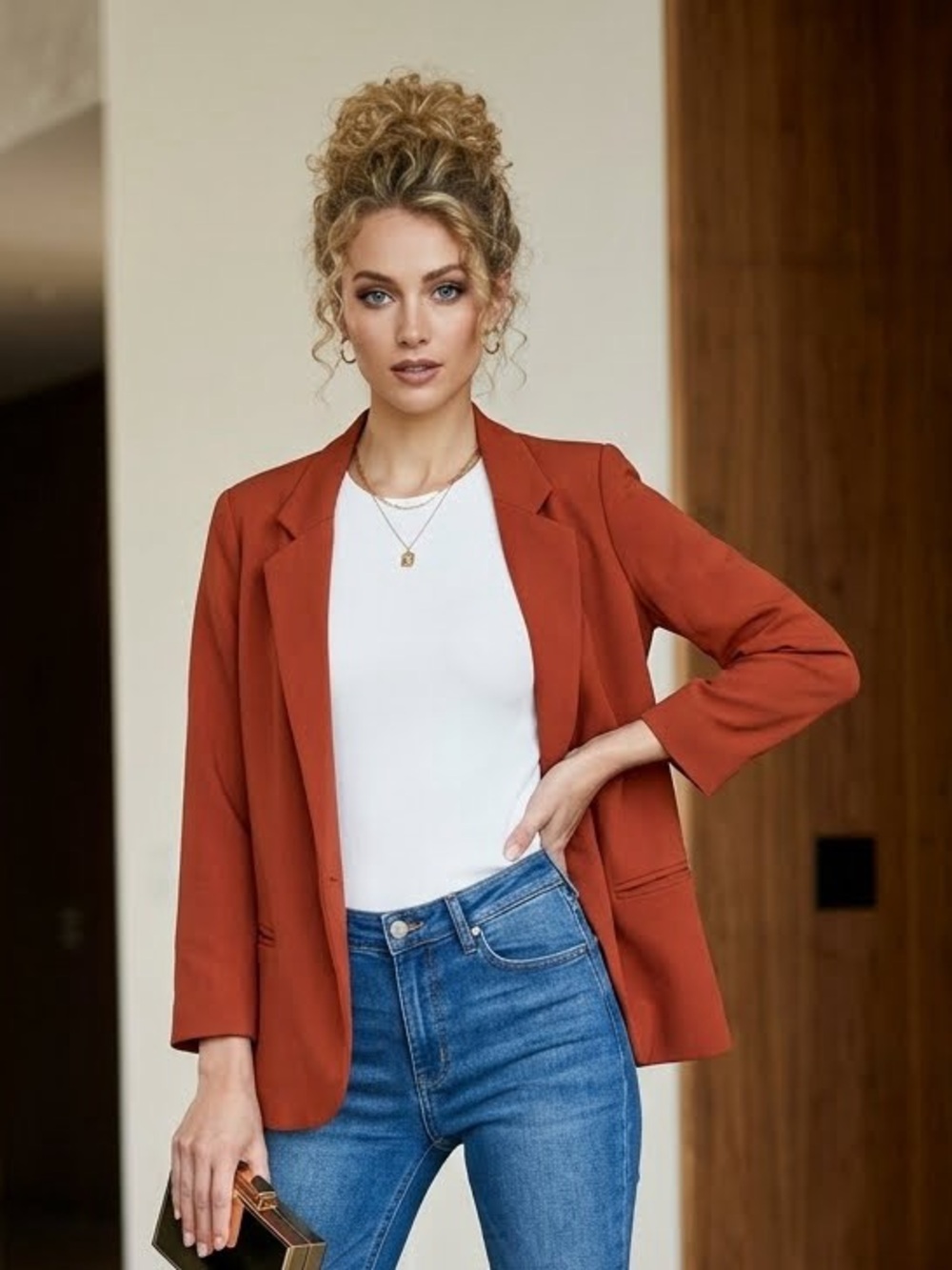 silence + noise Rust-Orange Notch Collar Blazer